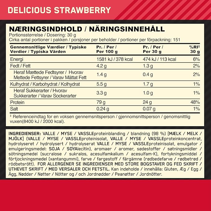 Näringsinnehåll för Gold Standard Whey Proteinpulver