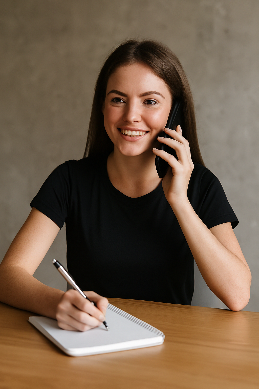 Kvinna som sitter vid ett skrivbord, pratar i telefon och skriver anteckningar samtidigt.