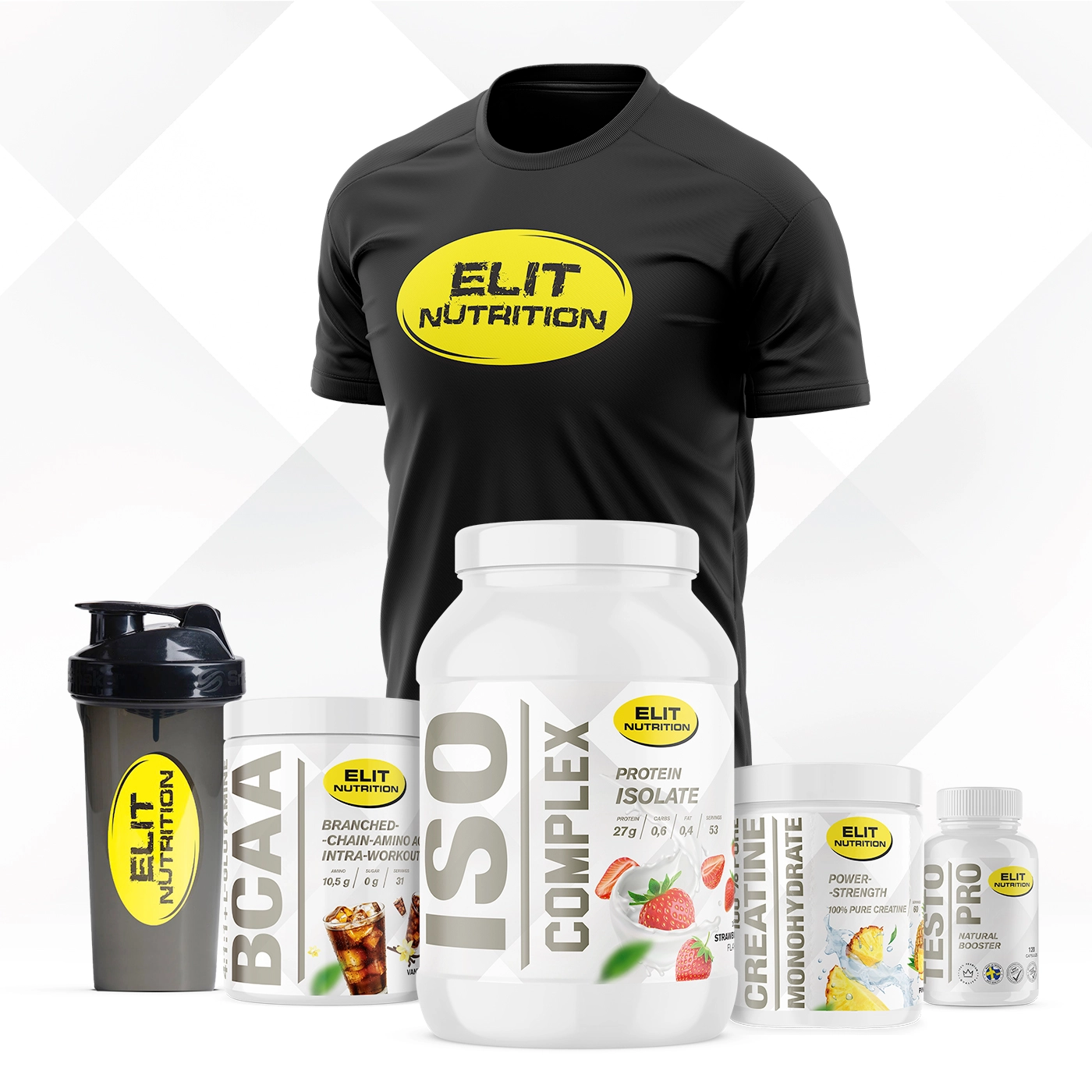 En samling kosttillskott från Elite Nutrition inklusive proteinpulver, kreatin och EAA, placerade på ett gymgolv med hantlar i bakgrunden.