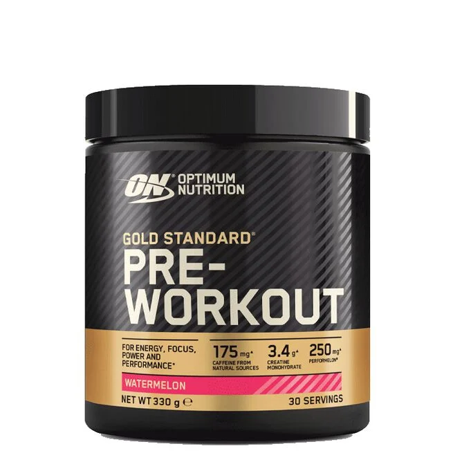 Burk med Optimum Nutrition Gold Standard Pre-Workout i smaken Watermelon, 330 g.