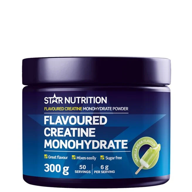 Förpackning av Star Nutrition Flavoured Creatine 300 g, Vanilj/Päron – mörkblå burk med grön lock och etikett.