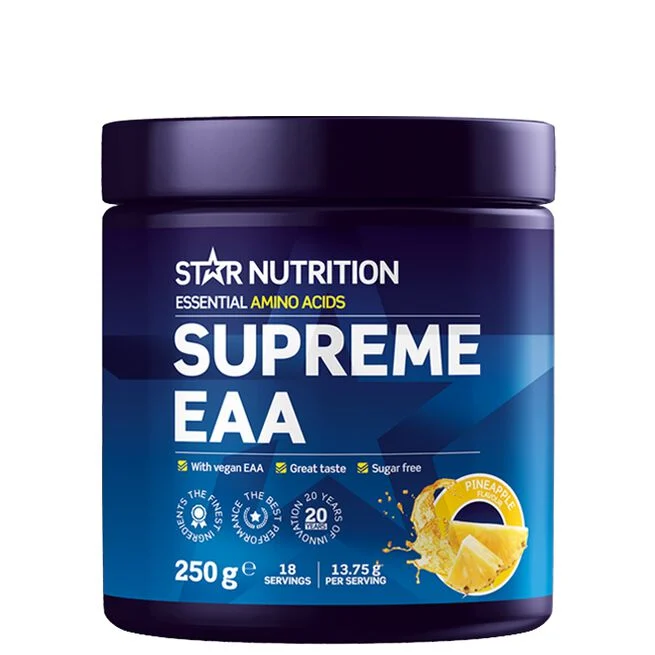 Förpackning av Star Nutrition Supreme EAA 250 g, Pineapple – svart burk med ananasmotiv och vit text.