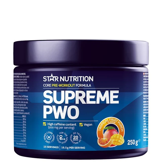 Förpackning av Star Nutrition Supreme PWO 250 g, Tropical Fruit Punch – svart burk med tropisk fruktmotiv och vit text.
