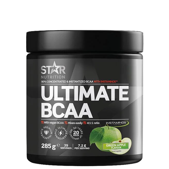 Förpackning av Star Nutrition Ultimate BCAA 285 g, Apple – svart burk med grönt äpple-motiv och vit text.