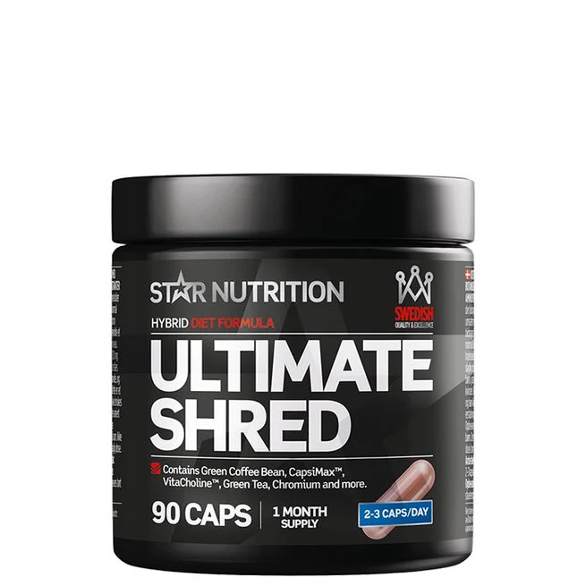 Förpackning av Star Nutrition Ultimate Shred 90 kapslar – svart burk med röd och vit etikett.