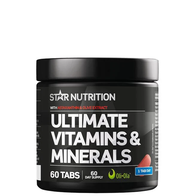 Förpackning av Star Nutrition Ultimate Vitamins & Minerals 60 kapslar – svart burk med vit och röd etikett.