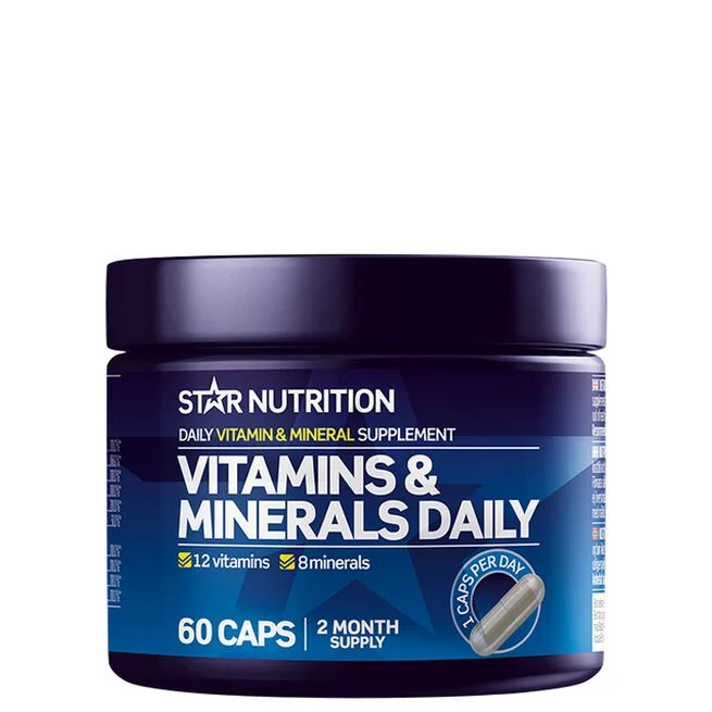 Förpackning av Star Nutrition Vitamins & Minerals Daily 60 kapslar – blå burk med vit text och varumärkeslogotyp.