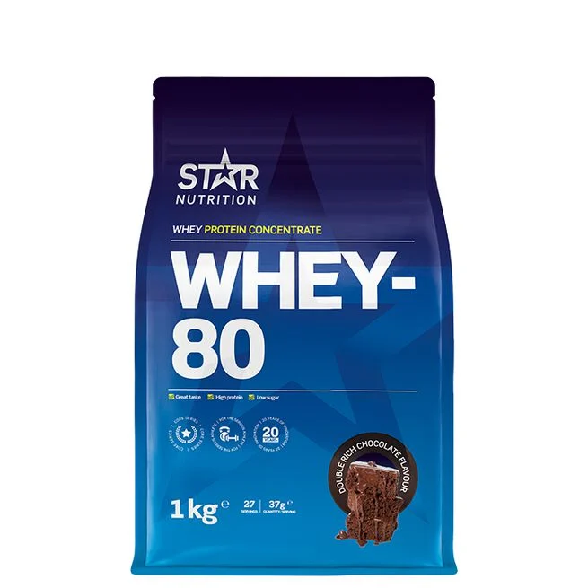 Förpackning av Star Nutrition Whey-80 Double Rich Chocolate 1 kg, vassleproteinkoncentrat i blå påse med chokladmotiv.
