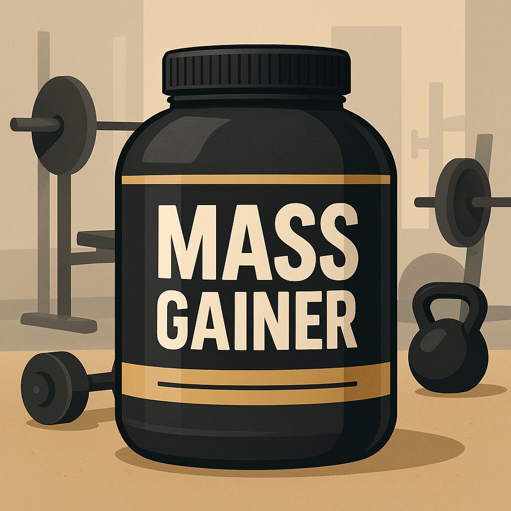 Illustration av en proteinshake med etiketten Mass Gainer, omgiven av gymutrustning