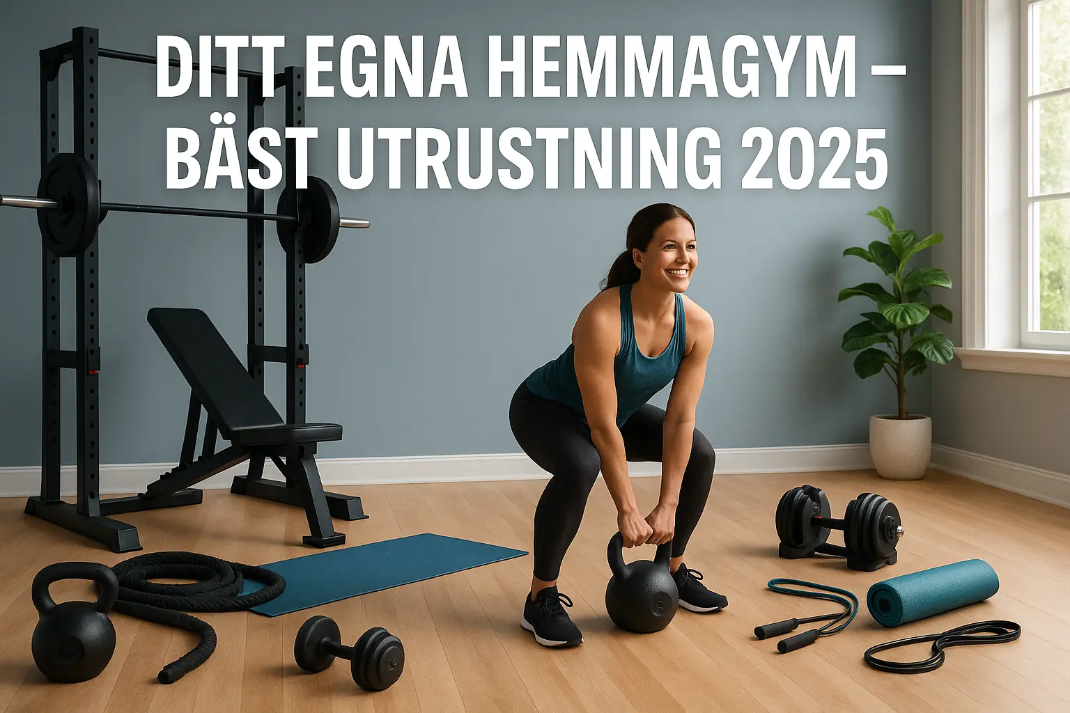 Modernt hemmagym med olika träningsutrustning som hantlar, kettlebells, yogamatta och smart teknik – inspiration för träning hemma 2025.