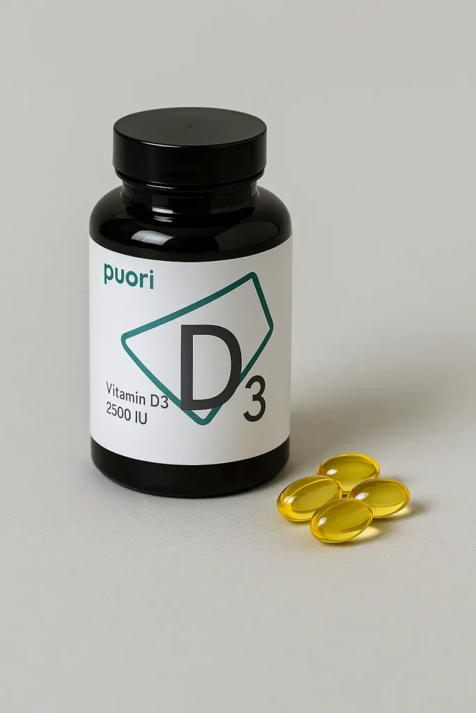 En person håller upp en kapsel med D3-vitamin mot vinterlandskap med låg sol. Visar sambandet mellan D-vitaminbrist och lågt solljus i Norden.