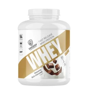 Förpackning av Whey Deluxe Vassleprotein från Swedish Supplements – högkvalitativt proteinpulver för återhämtning efter träning.