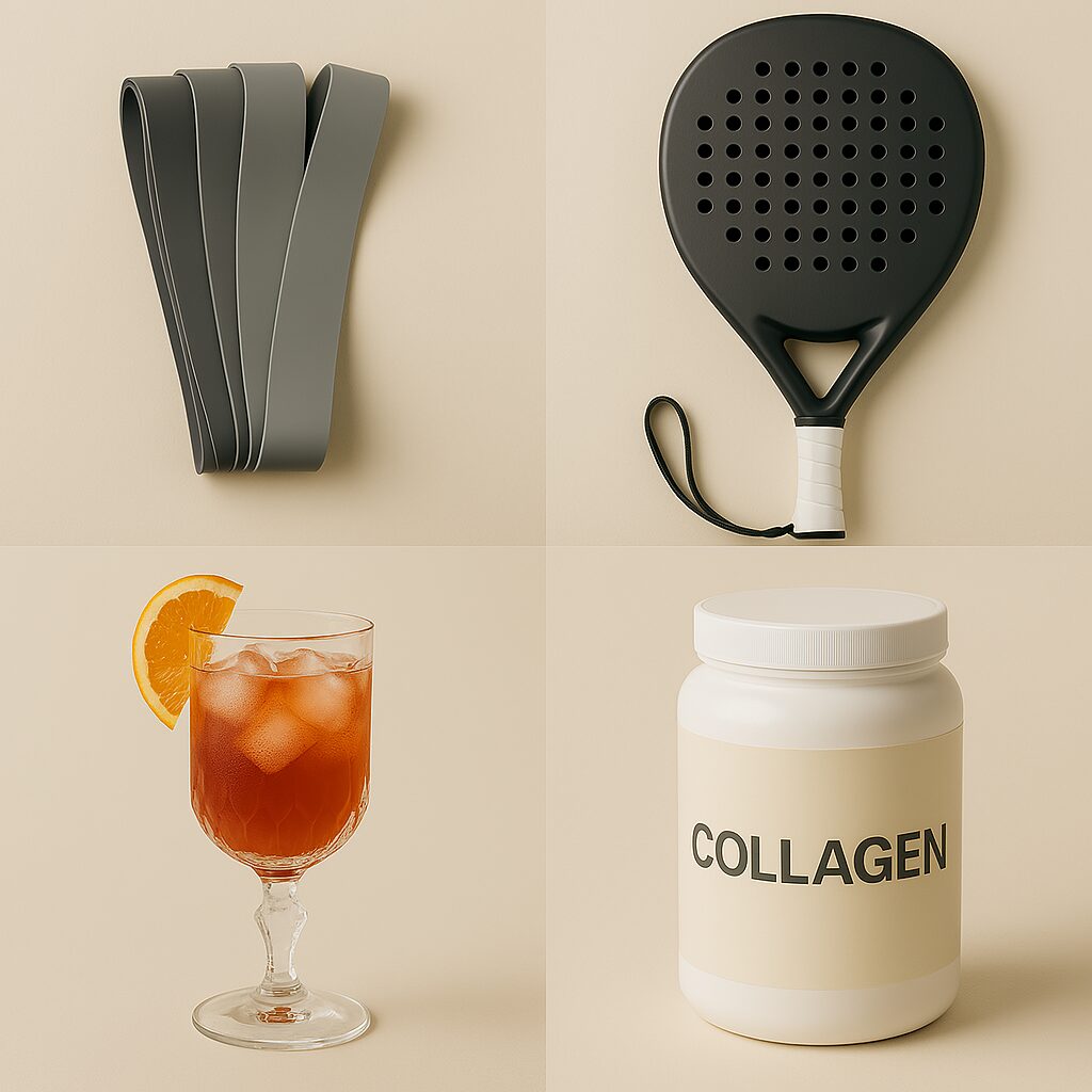 Collagebild med trĂ€ningsband, padelracket, mocktailglas och kollagenburk â symboliserar aktiv semester, frĂ€sch njutning och hudhĂ€lsa.
