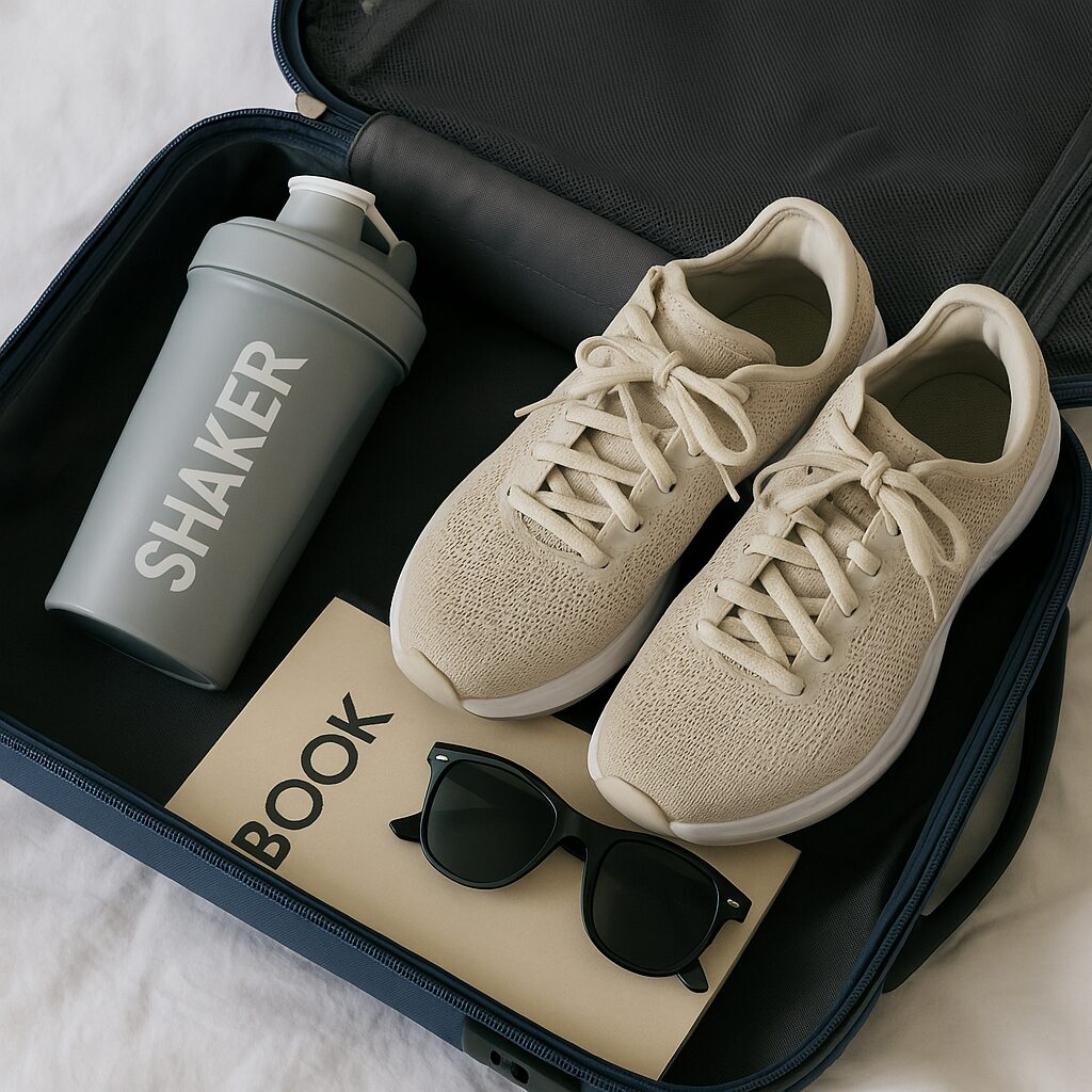 Packad vĂ€ska med shaker, solglasögon, trĂ€ningsskor och bok â redo för aktiv semester.