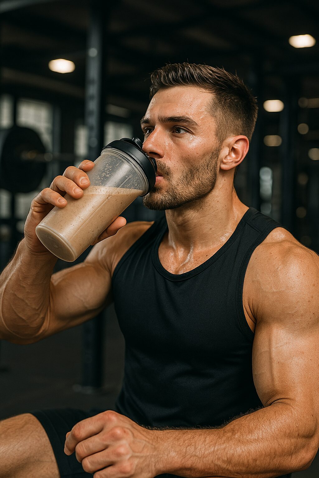 En muskulös person dricker en proteinshake efter träning, omgiven av gymutrustning.