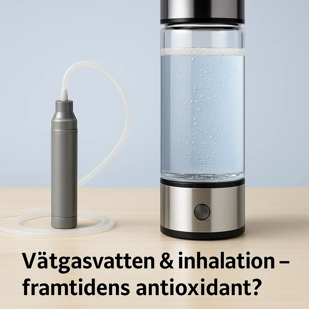 En modern vätgasflaska med bubblande vatten på ett ljust köksbord med naturligt solljus. Symboliserar teknologisk hälsa i nordiskt hem.