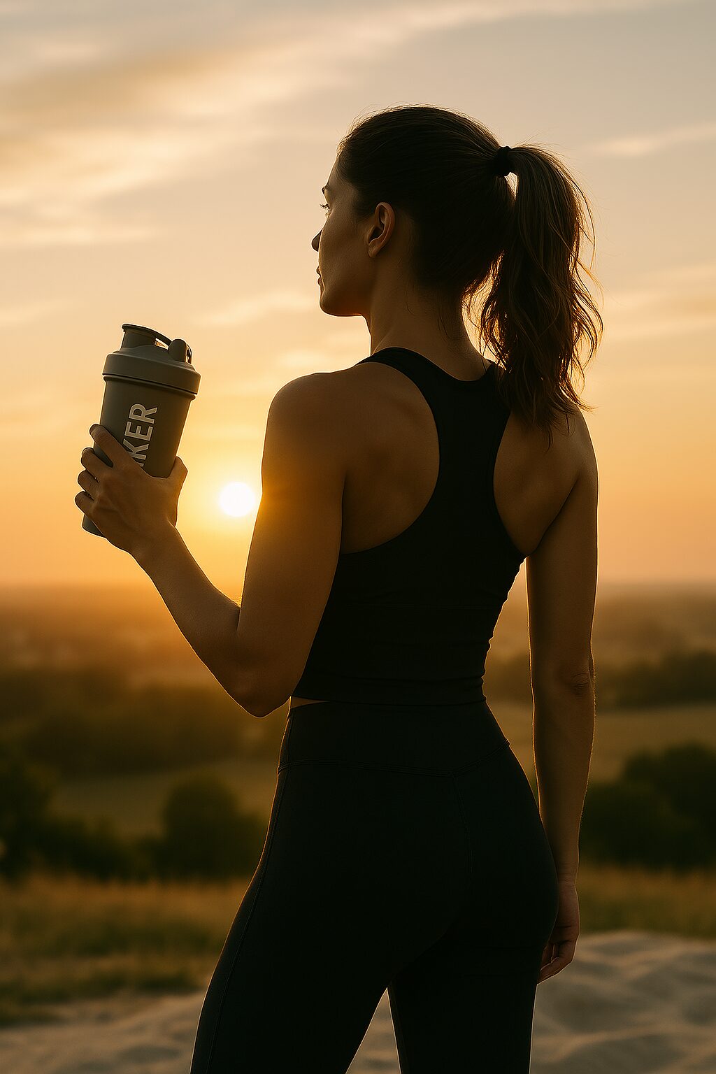Person i träningskläder står i solnedgång med shaker i handen, blickar mot horisonten – symboliserar styrka och semesterbalans.