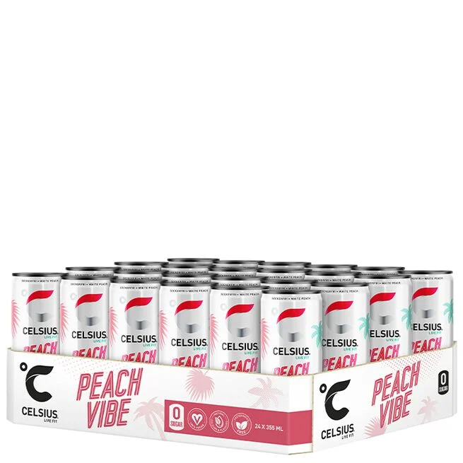 Celsius Peach Vibe energidryck 355 ml â burk med vit persikodesign mot vit bakgrund.