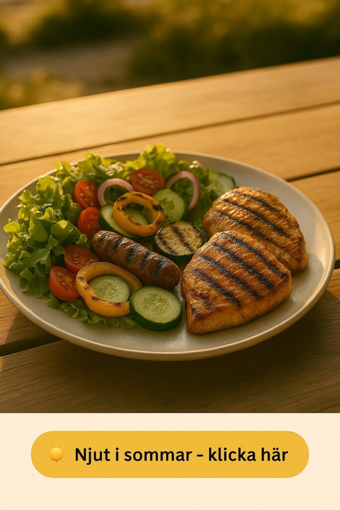 Grilltallrik med kött, grönsaker och frĂ€sch sallad i gyllene kvĂ€llsljus â somrig matbild med avslappnad stĂ€mning.