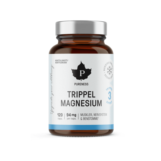 Magnesium Meda tuggtabletter 120 mg – vit plastburk med blå etikett, stående mot vit bakgrund.