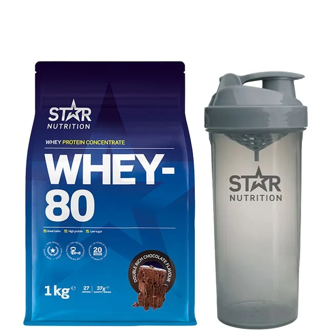 Whey-80 proteinpulver 1 kg och Star Nutrition shaker 800 ml â stilren kombination för trĂ€ning och Ă„terhĂ€mtning.