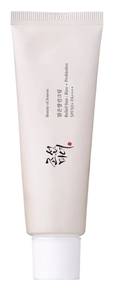 Beauty of Joseon Relief Sun SPF50+ PA++++ â vit tub med blĂ„ etikett, stĂ„ende mot vit bakgrund.