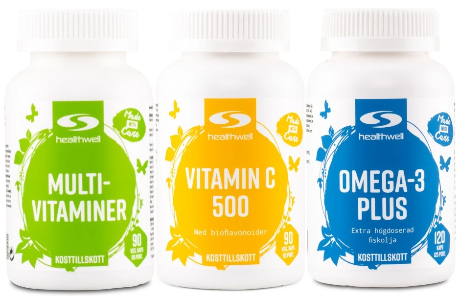 VĂ€lmĂ„endepaketet frĂ„n Healthwell med tre kosttillskott â Omega-3 Plus, Multivitaminer och Vitamin C â stĂ„ende mot vit bakgrund.