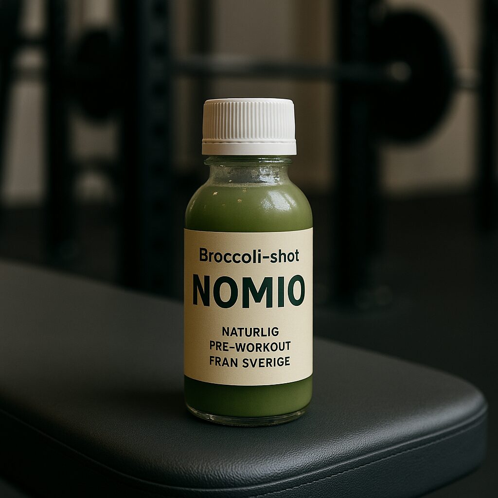 Broccoli-shots Nomio pre-workout på gymbänk efter träning