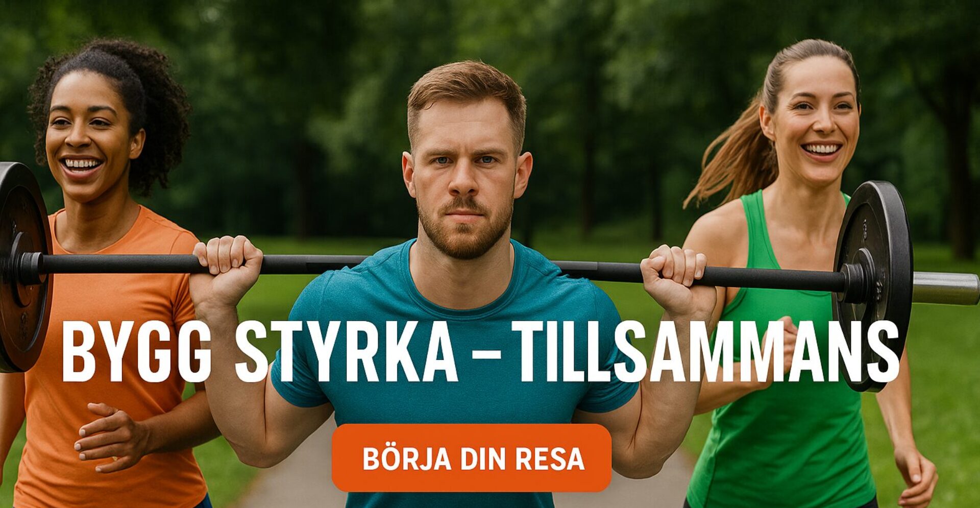 Man lyfter skivstång medan två kvinnor springer bredvid, symboliskt för “Bygg styrka – tillsammans”.