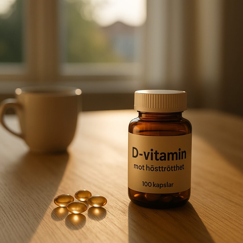 D-vitaminkapslar mot hösttrötthet på ett köksbord i varmt morgonljus.