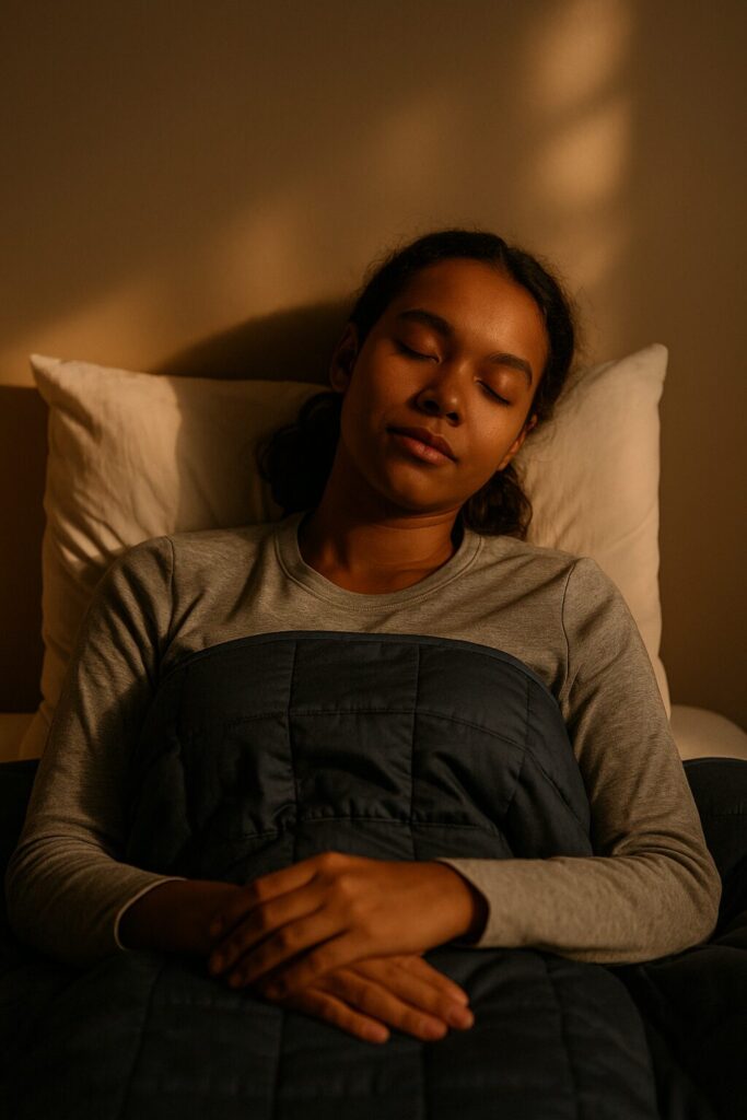 Avslappnad person som sover under ett tyngdtäcke i dämpad kvällsbelysning för bättre återhämtning och sömn.