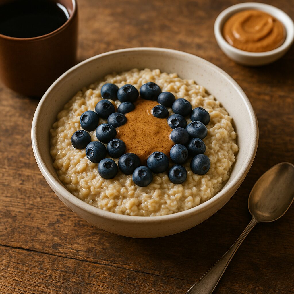 Skål med proteinrik gröt toppad med blåbär och mandelsmör på rustikt träbord i morgonljus.