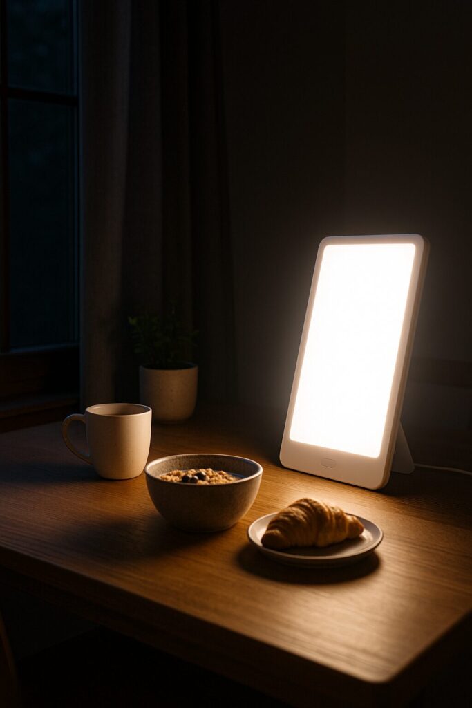 Ljusterapilampa som lyser upp frukostbordet en mörk morgon med kaffe, gröt och croissant.