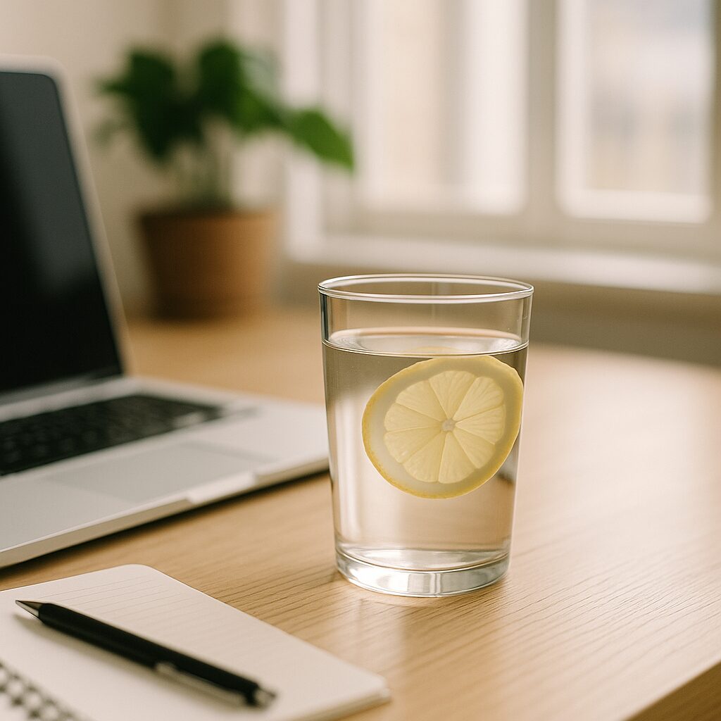 Glas med citronvatten på skrivbord i dagsljus bredvid laptop, anteckningsbok och penna.