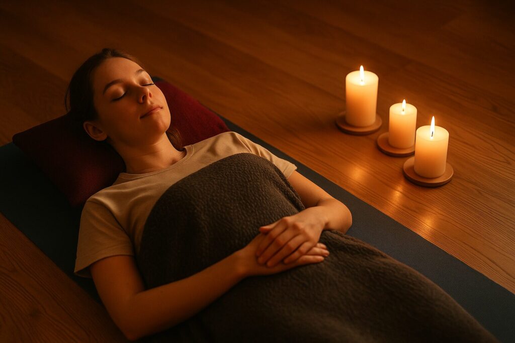 Person som återhämtar sig på yogamatta med filt och tända ljus i varm och lugn belysning.