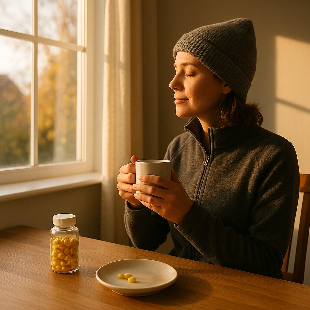 Person som sitter vid frukostbord i mjukt morgonljus med kopp kaffe och D-vitamin för att motverka hösttrötthet.