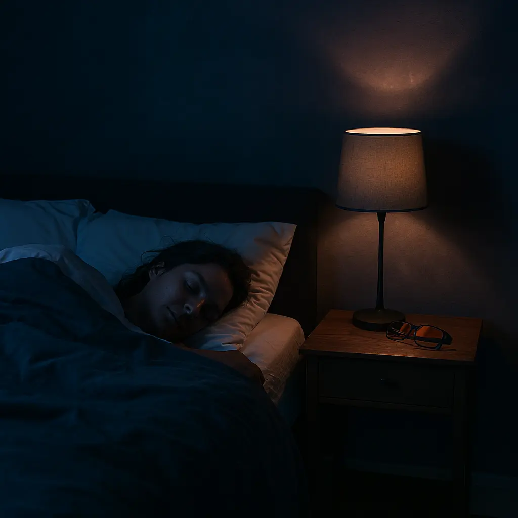 En person sover lugnt i ett mörkt sovrum med en varm lampa på nattduksbordet. Blåljusblockerande glasögon ligger bredvid lampan.