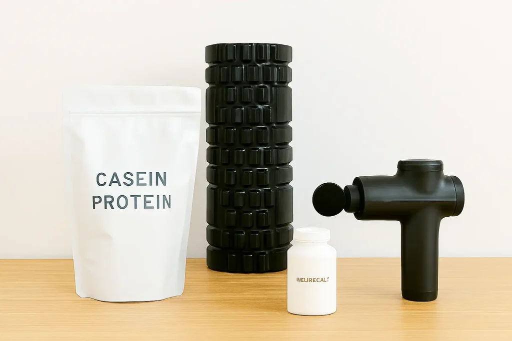 Fyra återhämtningsprodukter – proteinpulver, foam roller, magnesiumburk och massagepistol – uppställda på ett ljust trägolv mot vit bakgrund.