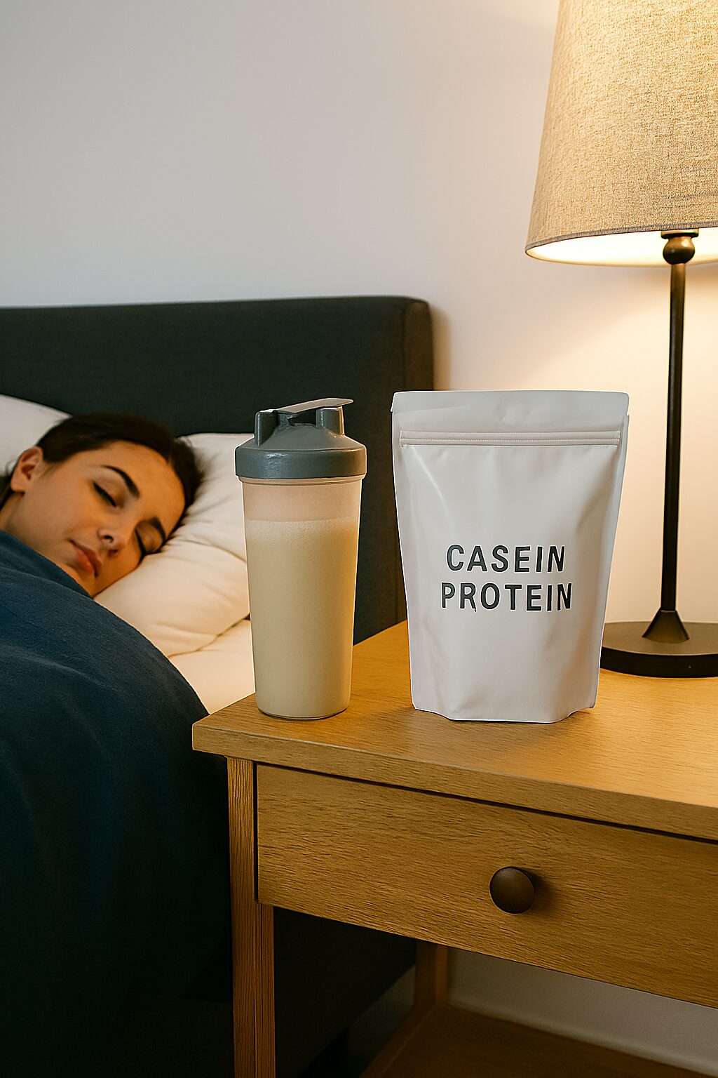 Proteinshake och kaseinpulver på ett stilrent nattduksbord med varm belysning i ett mörkt sovrum.