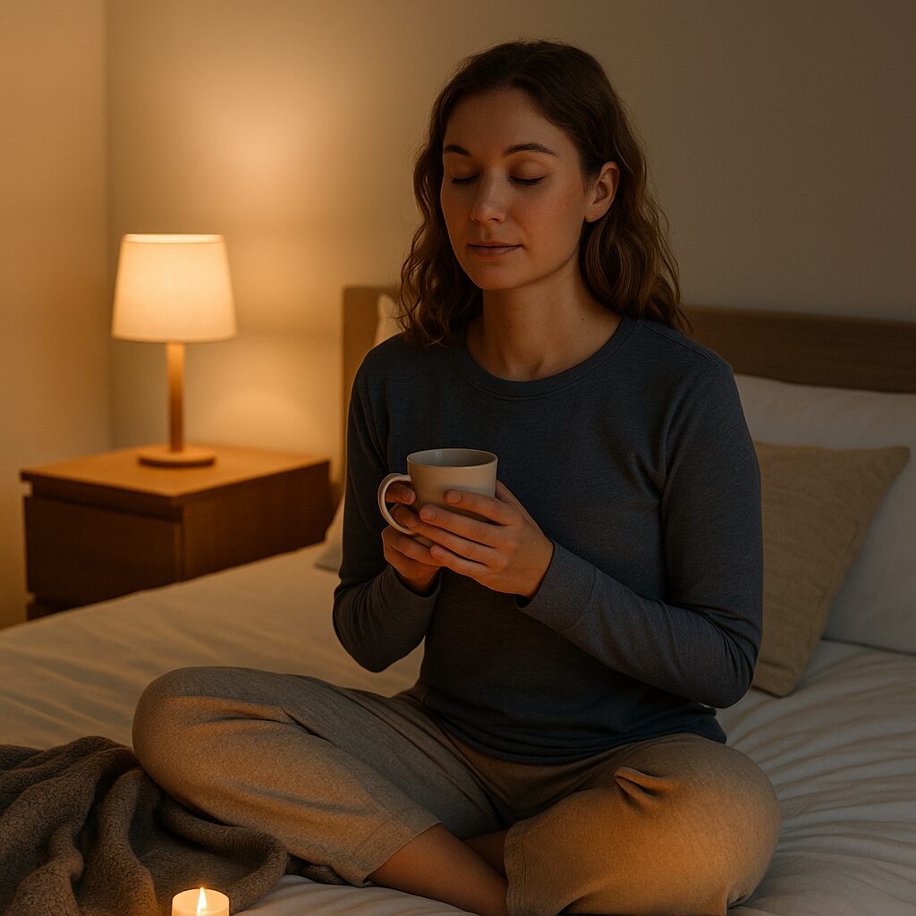 Person sitter på säng med kopp te och tända ljus, lugn kvällsrutin för bättre sömn.