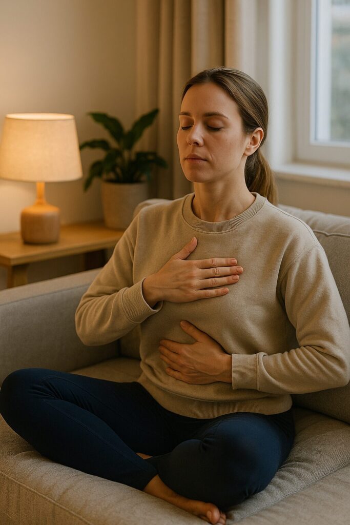 Person gör lugnande andningsövning i soffan för att minska oro hemma.