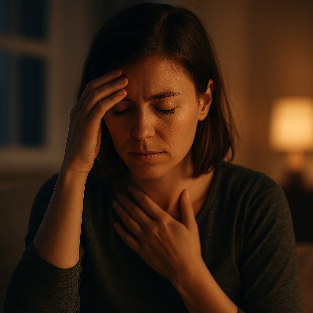 Person som håller handen på bröstet och pannan i dämpat ljus, symboliserar oro och stress.