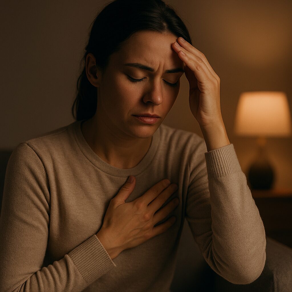 Närbild på en person som lägger handen på magen för att öva lugn och djup andning.