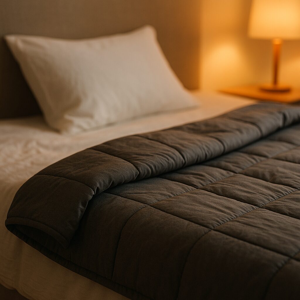 Tyngdtäcke vikt över sängkant i varm belysning, symboliserar lugn och trygghet.