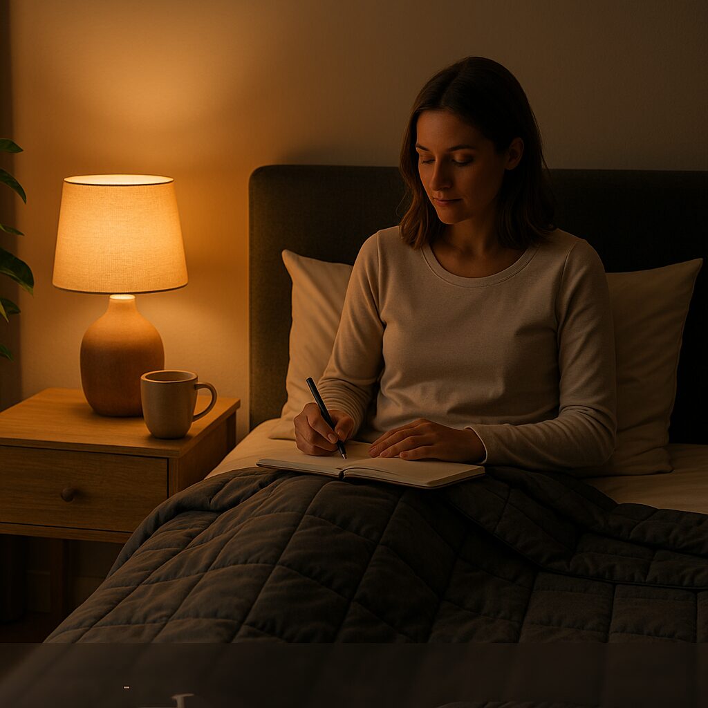 Person som skapar en lugnande kvällsrutin med varmt ljus, filt och journalföring i ett stilla sovrum.