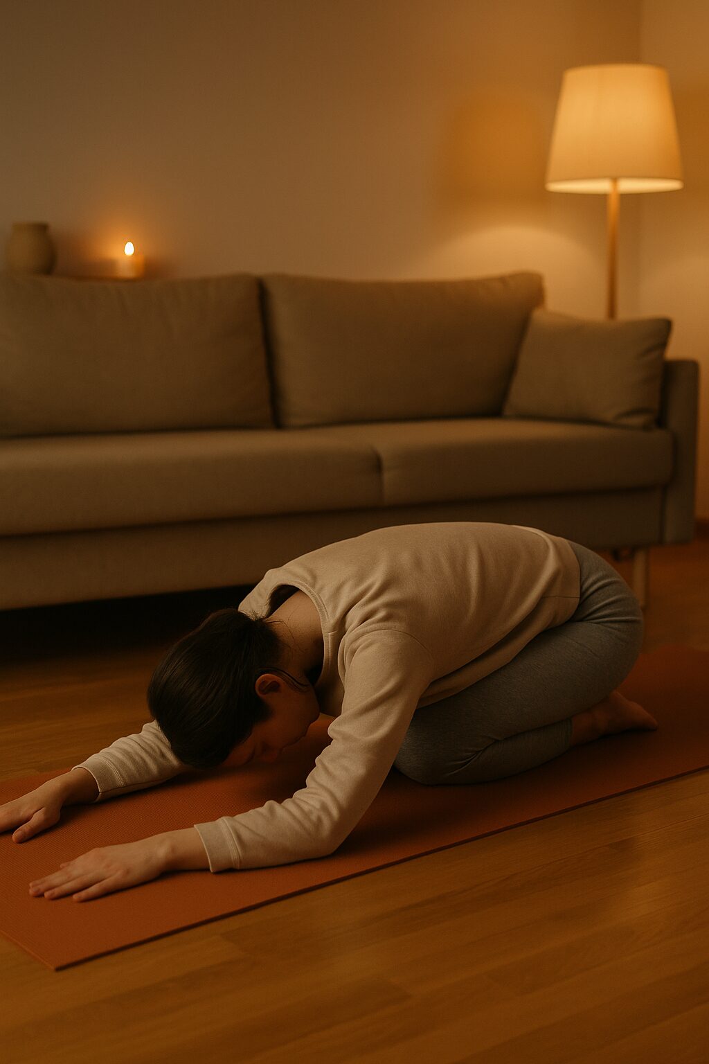 Person som gör barnets position på yogamatta för att stretcha ryggen och slappna av.
