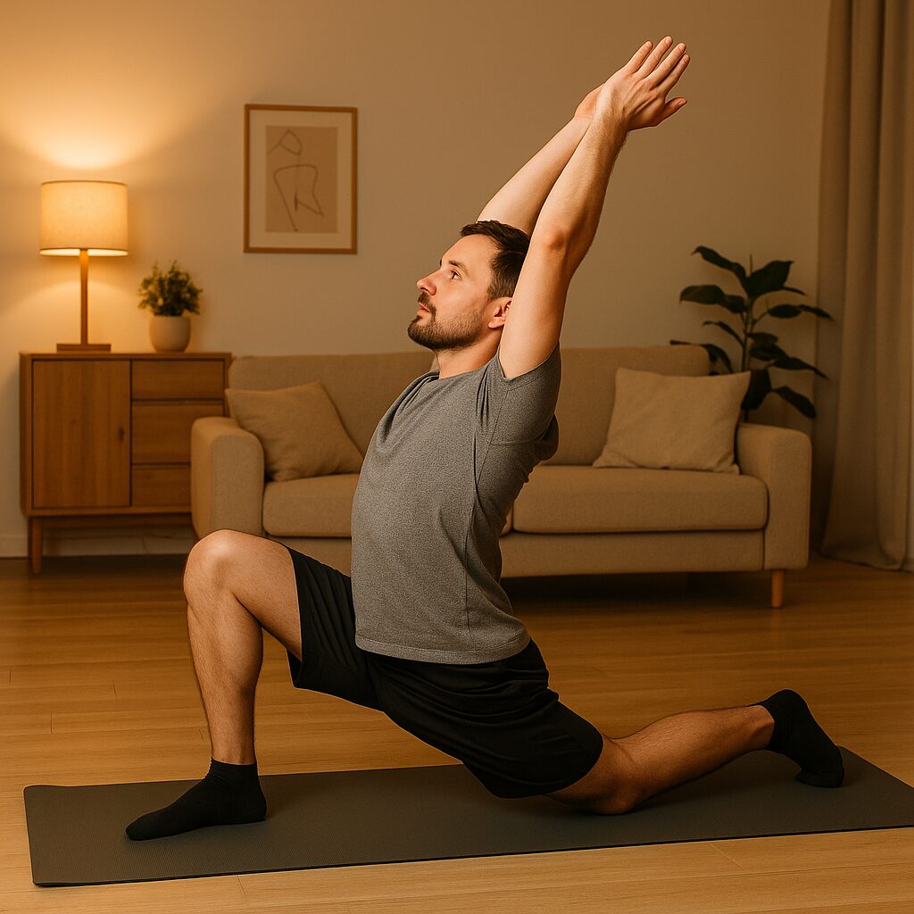Person gör ett stretchmoment på yogamatta i hemmamiljö som del av ett kort 10-minuters träningspass mot ryggont.