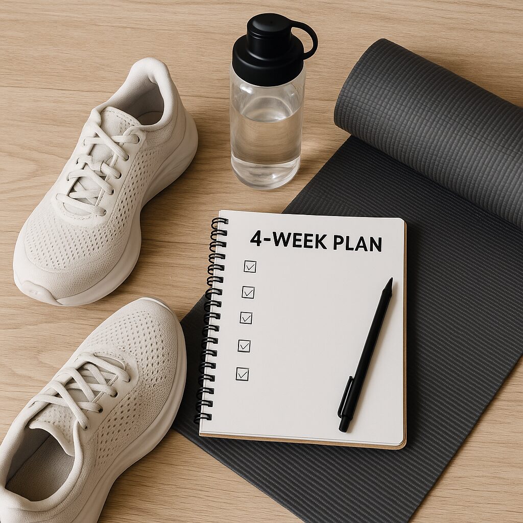 Träningsskor, vattenflaska, yogamatta och anteckningsbok upplagda på golvet som symbol för att starta en 4-veckors träningsplan.