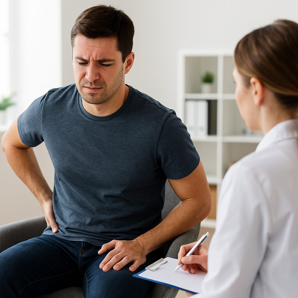 Person med ont i ryggen av stillasittande som söker vård hos läkare.