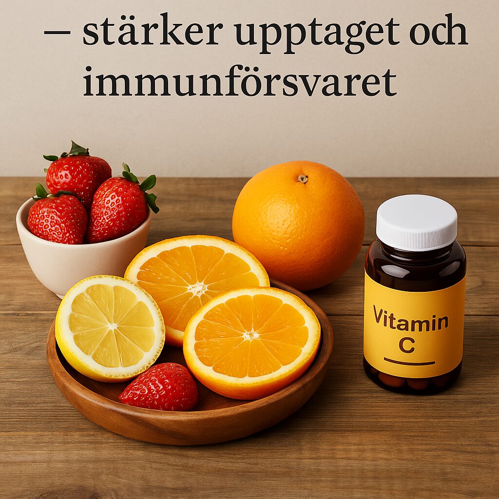 C-vitamin i form av apelsiner, citroner, jordgubbar och kosttillskott på träbord, symboliserar starkt immunförsvar och energi.